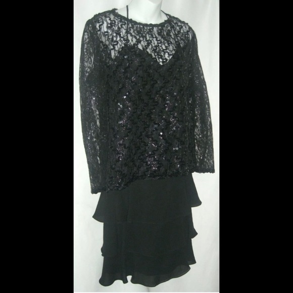 Vintage Plus Size Lori Max Dress Black Tier Flamenco Sheer Sequin Lace Flapper - Picture 2 of 9